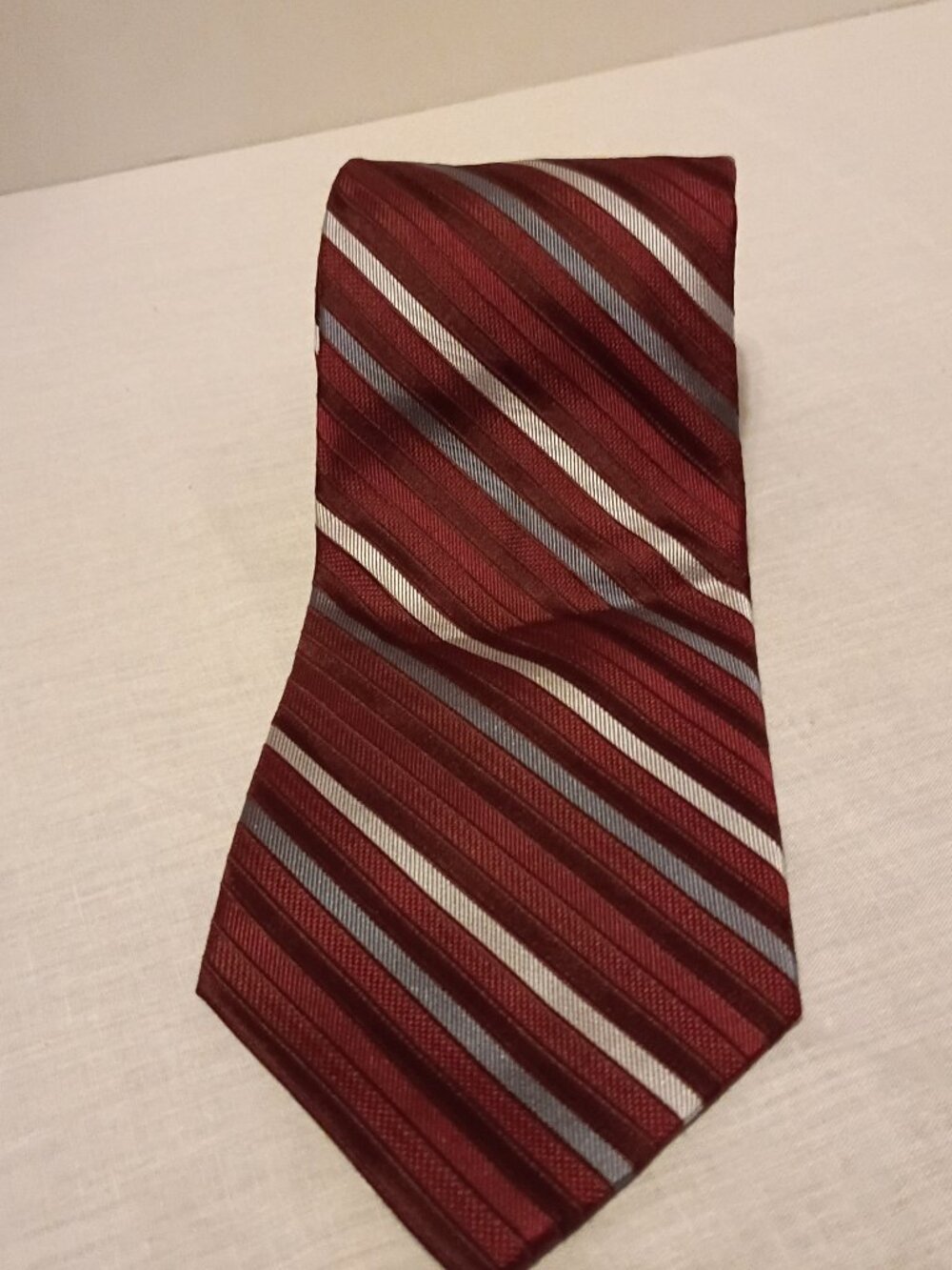 Calvin Klein Dark Red, Blue and Gray Diagonal Striped Tie 56 inches